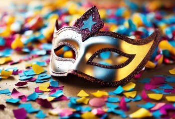 'festive party Carnival realistic mask background composition. Happy Purim confetti. confetti serpentine fantasy jewish celebrate celebration festival holiday t'