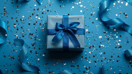 A gift box with an indigo ribbon on a cyan background