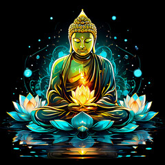 Obraz premium Meditating buddha statue in the lotus position, bioluminescent flowers blooming abstract background 