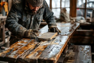 A carpenter polishing a table, representing the concept of the hard work of a carpenter. Labor day