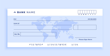 blank bank cheque paper mockup with worldmap design