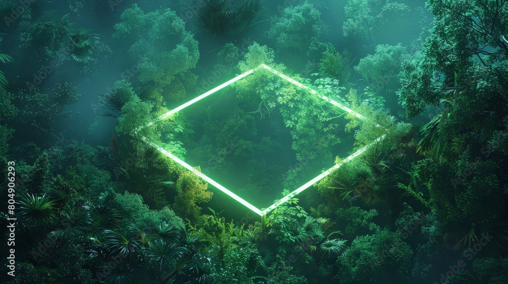 Wall mural neon square amidst the dense canopy of a forest of vibrant green and neon blue