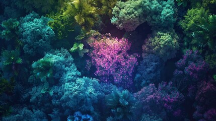 Fototapeta premium glowing neon tree standing out amidst a dense forest of vibrant green and neon purple
