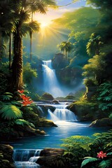Tropical rainforest waterfall in the jungle landscape. Palm trees pond misty morning flowers and tropics.