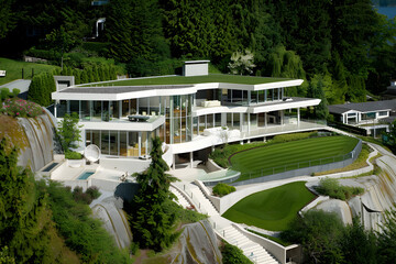 Modern contemporary illuminated house design exterior. Luxurious new construction home with panoramic windows, pool, patio