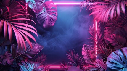 tropical palm leaves in shades of pink, purple, and blue, forming a glowing square frame