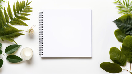 workspace with a blank notebook, green leaves, and a white container on a white background