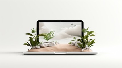 nature meets technology, with a desert oasis and lush plants sprouting from an open laptop against a backdrop of clouds and birds.