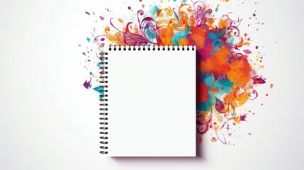 A blank spiral notebook amidst a vibrant color explosion, suggesting unleashed creativity on a white backdrop