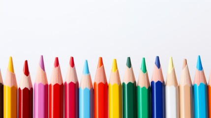 A vibrant array of colored pencils stands aligned with tips pointing upwards