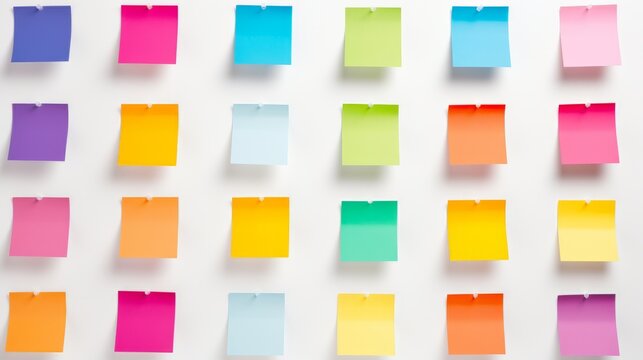 A vibrant display of colorful sticky notes arranged in rows on a white background