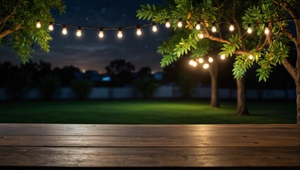 Empty Wood table top with decorative outdoor string lights hanging on tree in the garden at night time, Generative AI illustration of glowing plants growing on computer chip representing digital 