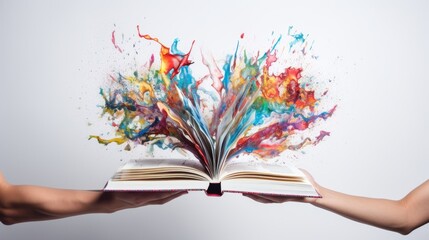 A book bursts with vibrant paint splashes, held open by hands