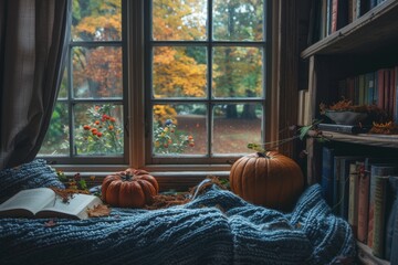 A cozy window sill, a place for reading books and relaxation, decorated for Halloween. 
