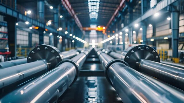 A maze of interconnected stainless steel pipes in an industrial warehouse showcasing complex engineering