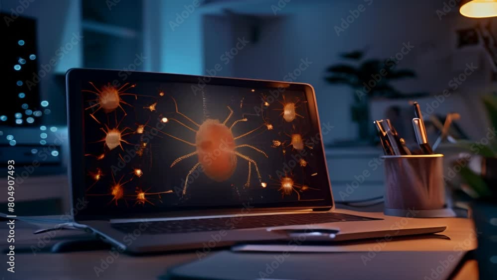 Poster a laptop on a desk its screen lit with a caution alert about potential cybercrime with digital bug g