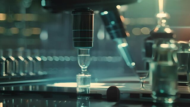 A biology lab scene with a focus on a pipette analyzing a sample representing advancements in microbiology and pharmaceutical research The setting is futuristic and precise