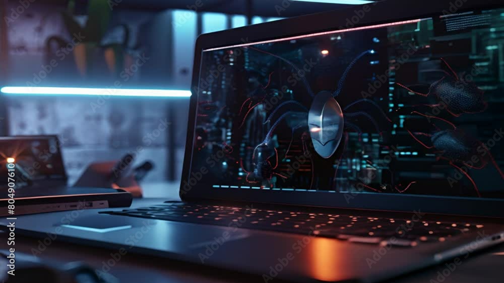 Poster a laptop on a desk its screen lit with a caution alert about potential cybercrime with digital bug g