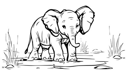 elephant in a puddle of water on the savanna, coloring book