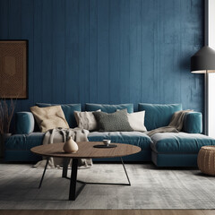 Modern cozy living room with a blue wall texture background and a Scandinavian touch --v 5.0 - Image #4 @MAAALI