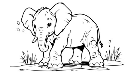 elephant in a puddle of water on the savanna, coloring book