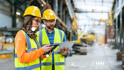 Two engineers with hard hats analyzing data in a futuristic warehouse with digital interface projections.