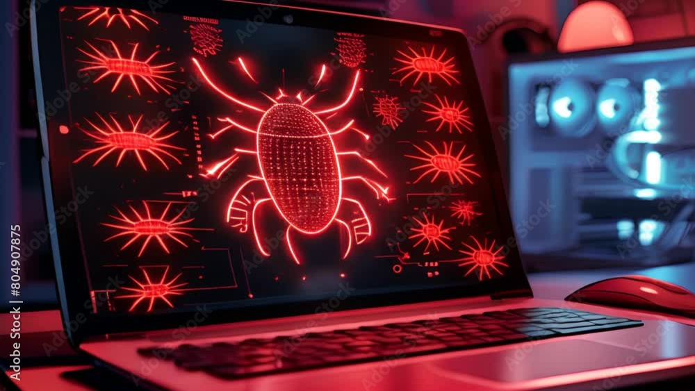 Poster a laptop on a desk its screen lit with a caution alert about potential cybercrime with digital bug g