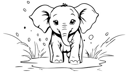elephant in a puddle of water on the savanna, coloring book