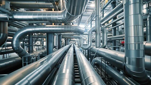 A maze of interconnected stainless steel pipes in an industrial warehouse showcasing complex engineering