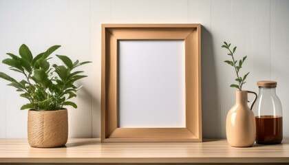 Simplicity and Style: Blank Wooden Frame Mockup with Greenery