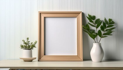 Scandi Chic: Empty Wooden Photo Frame with Shelf and Vase