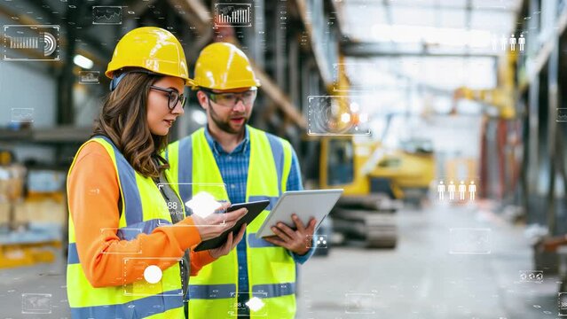 Two engineers with hard hats analyzing data in a futuristic warehouse with digital interface projections.