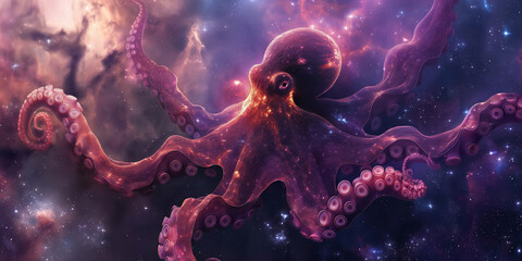 Tentacles of a cosmic octopus swirl through the starry expanse of a space nebula, digital painting illustration.
