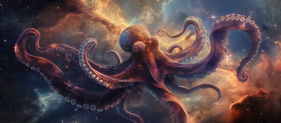 Tentacles of a cosmic octopus swirl through the starry expanse of a space nebula, digital painting illustration.

