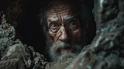 Closeup Of The Face Of An Ancient Old Man Who Is Trapped In A Stone Cave And He Is Peeking Outside Through A Little Space , Helpless , Waiting To Be Rescued .