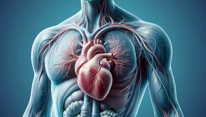 medical illustration of the human heart anatomical position and the network of blood vessels. Concept of cardiovascular health, anatomy education 