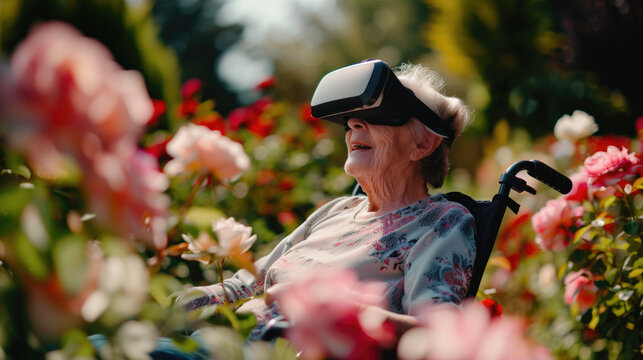 Seniors woman in a wheelchair wearing virtual reality glasses playing the game. Older woman with vr headset in garden, concept of virtual travel or vr immersion in game. Modern technology concept