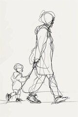 Stylized one line drawing Woman walking with child side view