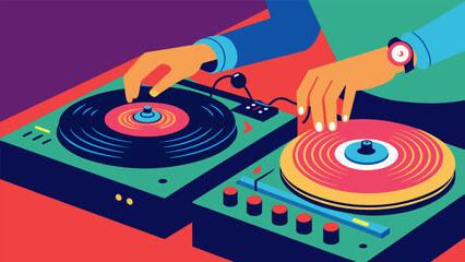 The turntables spin beneath the DJs practiced hands the rhythmic scratching adding an electric energy to the atmosphere. Vector illustration