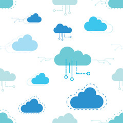 Repeatable data clouds and circuits  technology seamless pattern. Cloud symbol with circuit pattern. Hi tech and computers, internet and connectivity vector textured illustration.