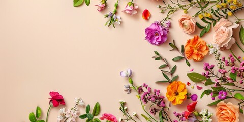 Overhead Shot of Vibrant Spring Flower Arrangement on Pastel Beige Background