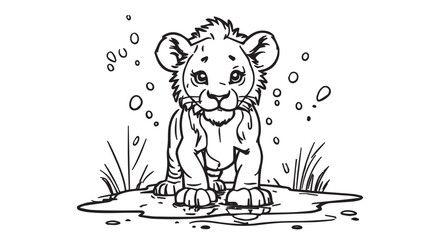 baby Lion in a puddle of water on the savanna, coloring book