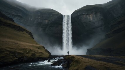 Man standing on the edge of a cliff and looking at the waterfall