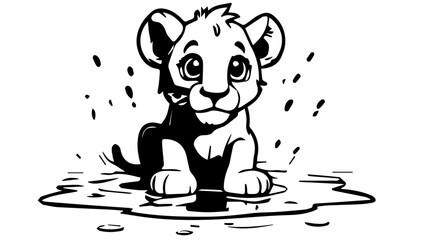 baby Lion in a puddle of water on the savanna, coloring book
