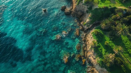 Obraz premium Aerial view of a clear turquoise sea and green grass on a rocky shore in Italy, a beautiful natural background with copy space area for text or design, a top down drone photograph.