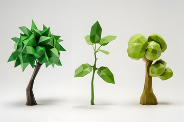 Low Poly Style 3D Printed Nature Elements on White Background