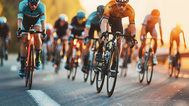 An action-packed view of a road cycling competition, showcasing a group of cyclists intensely pedaling during a high-speed race, emphasizing athleticism and determination.