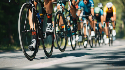 Captivating image of professional cyclists in a tight pack, racing at high speeds on a scenic country road, highlighting the energy and competitive spirit of road racing.