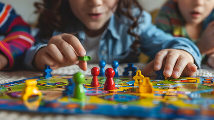 children are deeply focused on a vibrant board game, strategizing their next moves. This engaging scene captures the excitement and concentration of young minds at play, surrounded by colorful game 