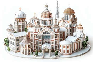 Obraz premium Whimsical Architectural Fantasy of a University Campus with Iconic Religious Buildings and Playful